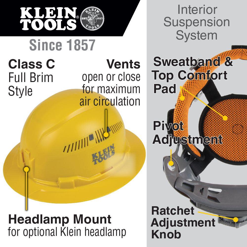 Klein Tools Hard Hat Vented Full Brim Yellow - Flockneti