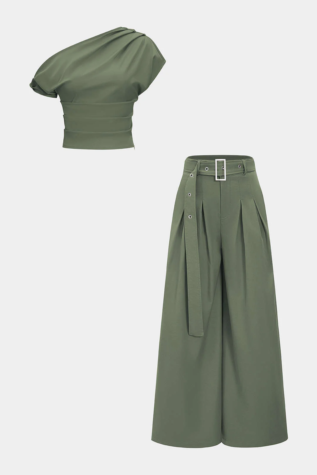 Ruched Asymmetrical Top And Belted Wide Leg Trousers Set - Flockneti