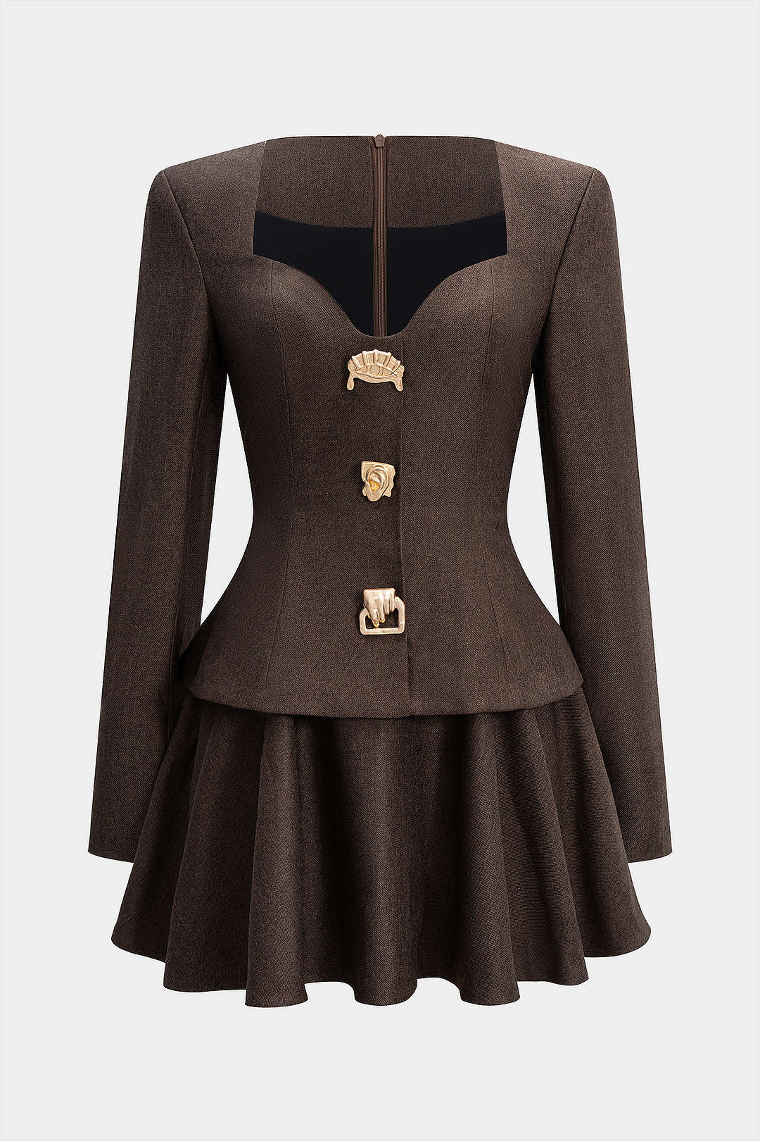 Metallic Decor Ruched Zipper Shoulder Pads Ruched Long Sleeve Mini Dress - Flockneti