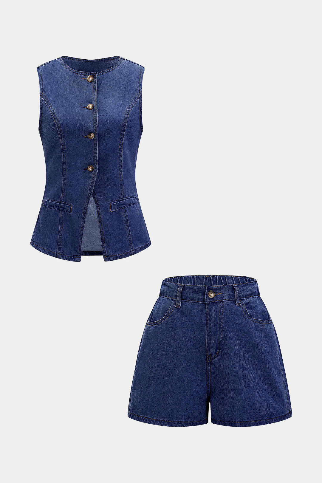 Denim Round Neck Button Sleeveless Top And High Waist Pocket Shorts Set - Flockneti