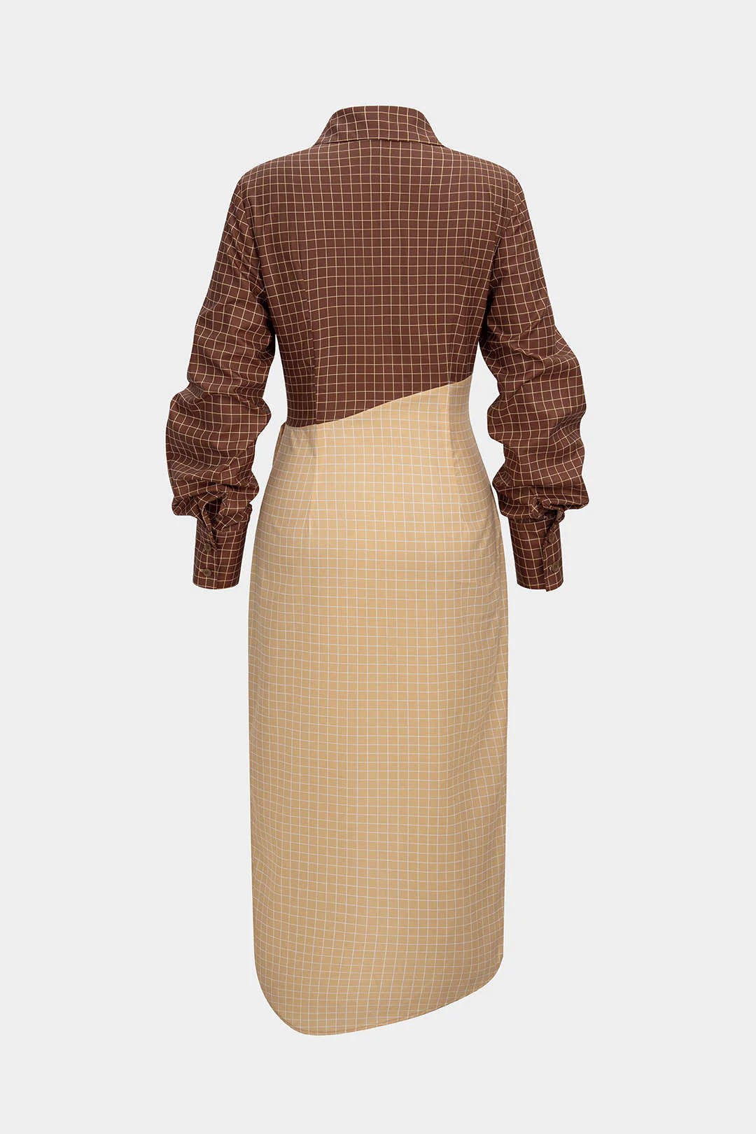 Plaid Print Contrast Asymmetrical Ruched Long Sleeve Midi Dress - Flockneti