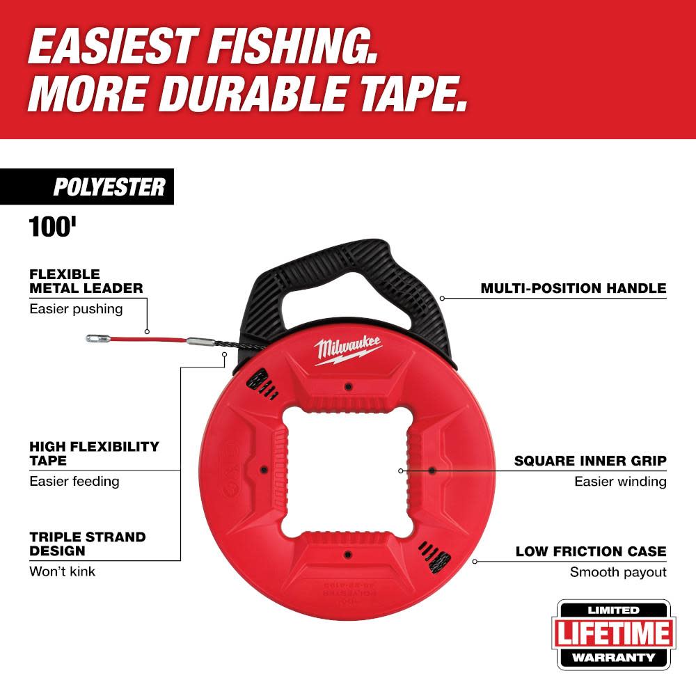 Milwaukee 100 Ft. Polyester Fish Tape with Flexible Metal Leader - Flockneti