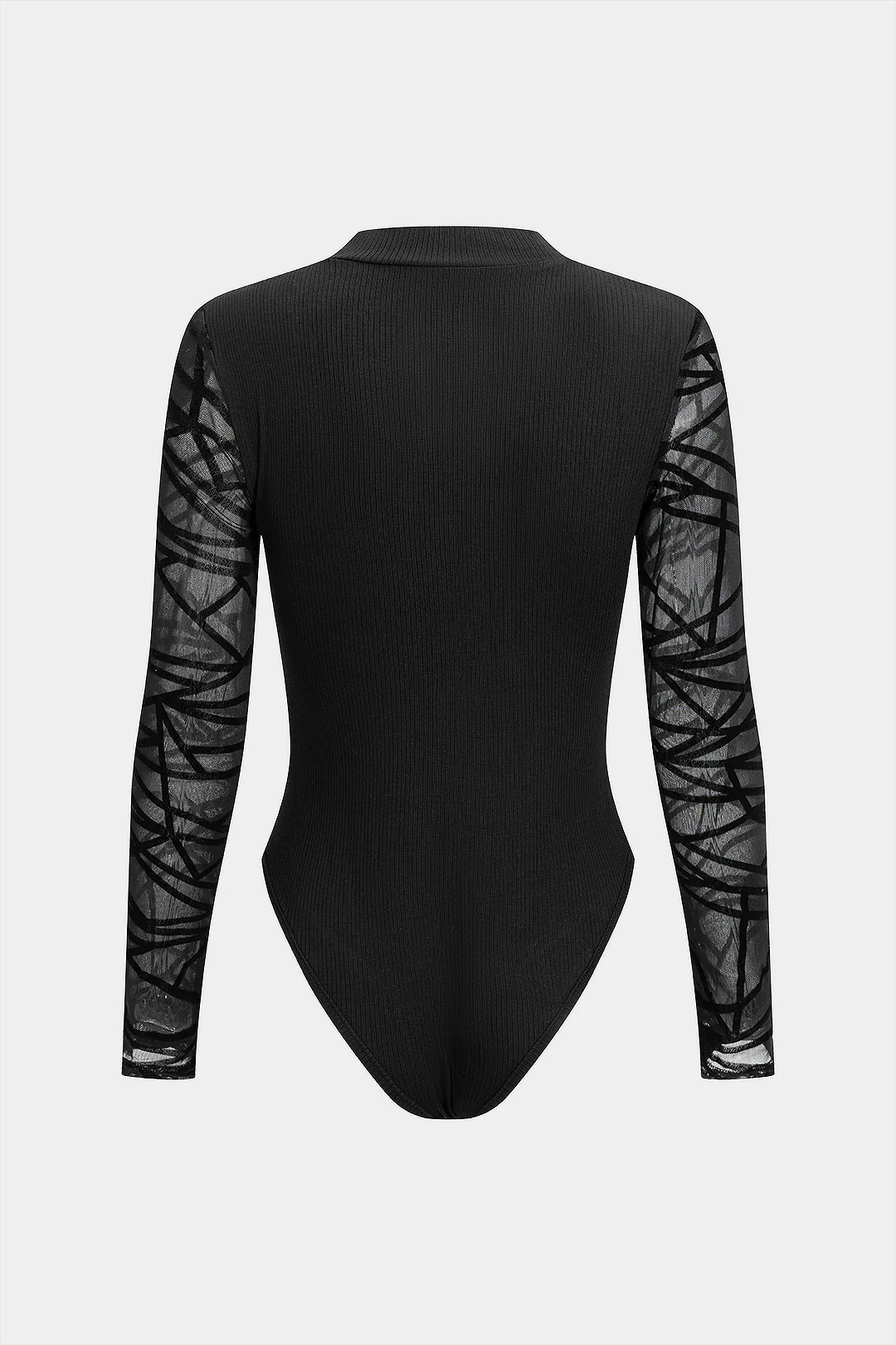 Lace Patchwork Round Neck Ribbed Long Sleeve Bodysuit - Flockneti