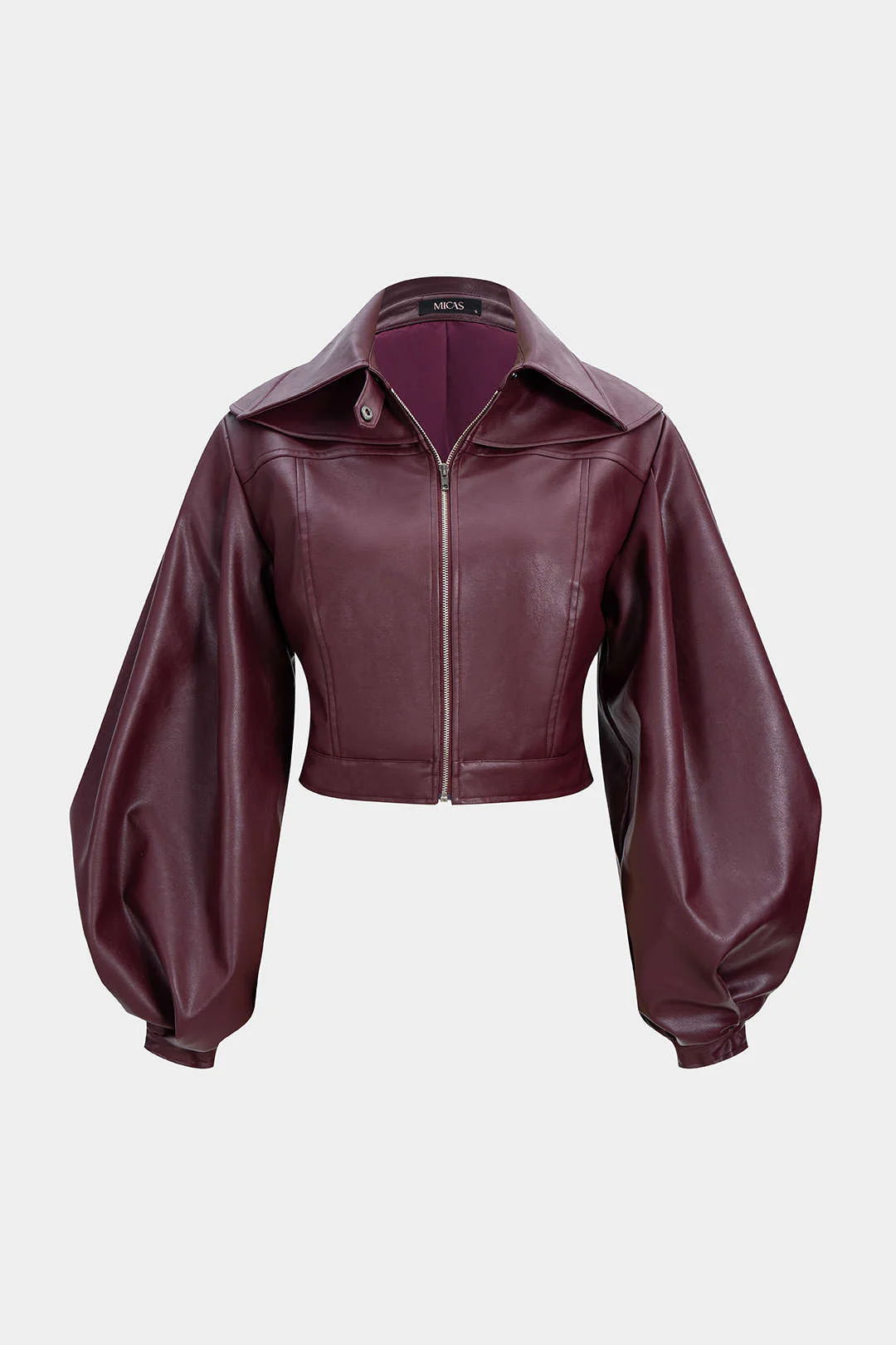 Faux Leather Puff Sleeve Zipper Jacket - Flockneti