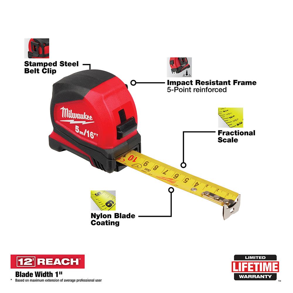 Milwaukee 5 m/16 ft. Compact Tape Measure - Flockneti