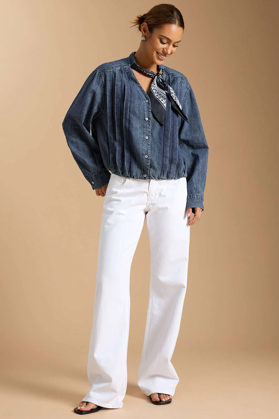 Denim Tie-Up Pleated Long Sleeve Shirt - Flockneti