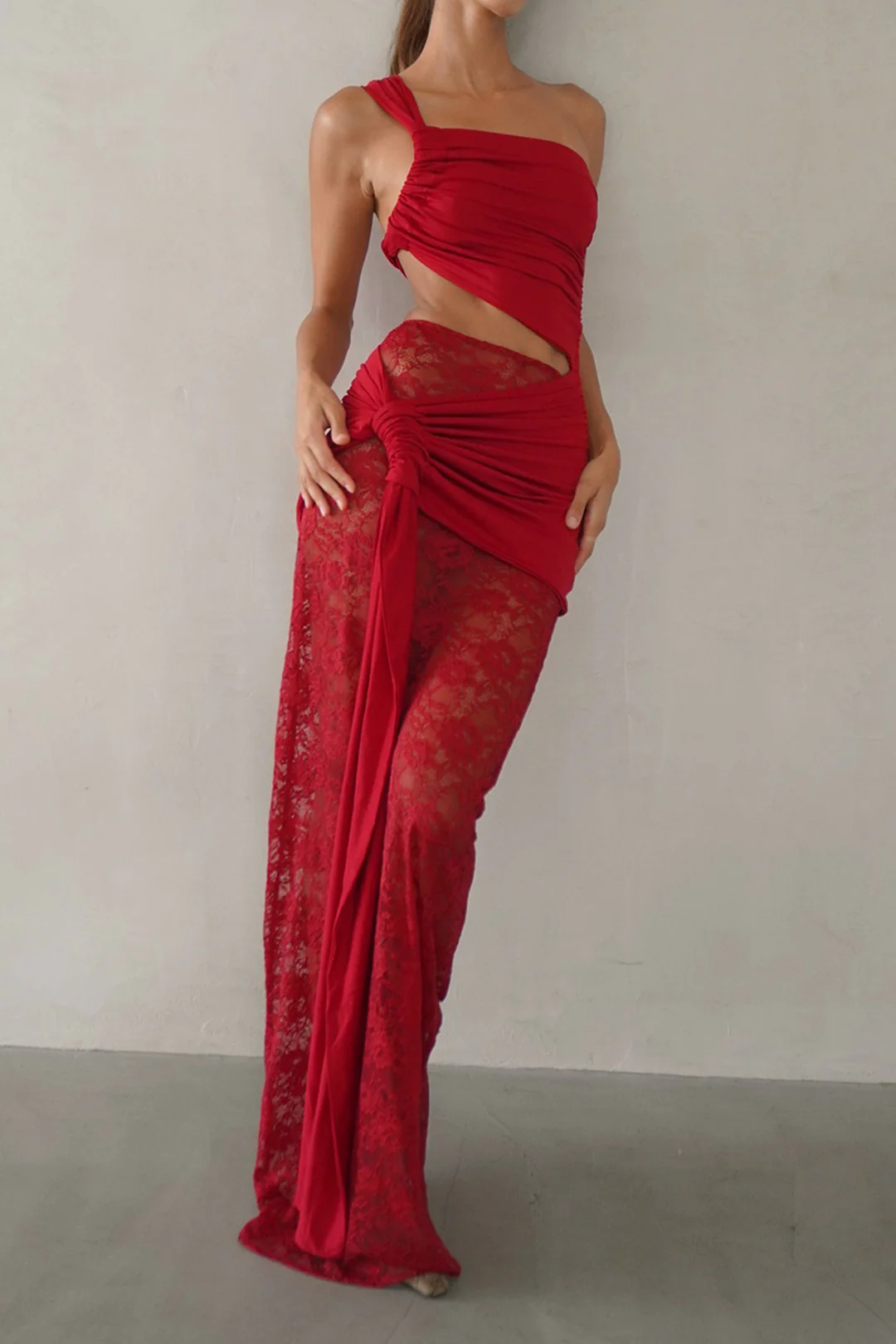 Lace Tie Front Hollow Out Patchwork Ruched Skirt Set - Flockneti
