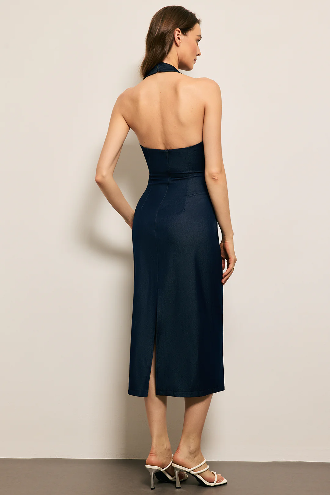 Denim Halter Neck Backless Sleeveless Dress - Flockneti