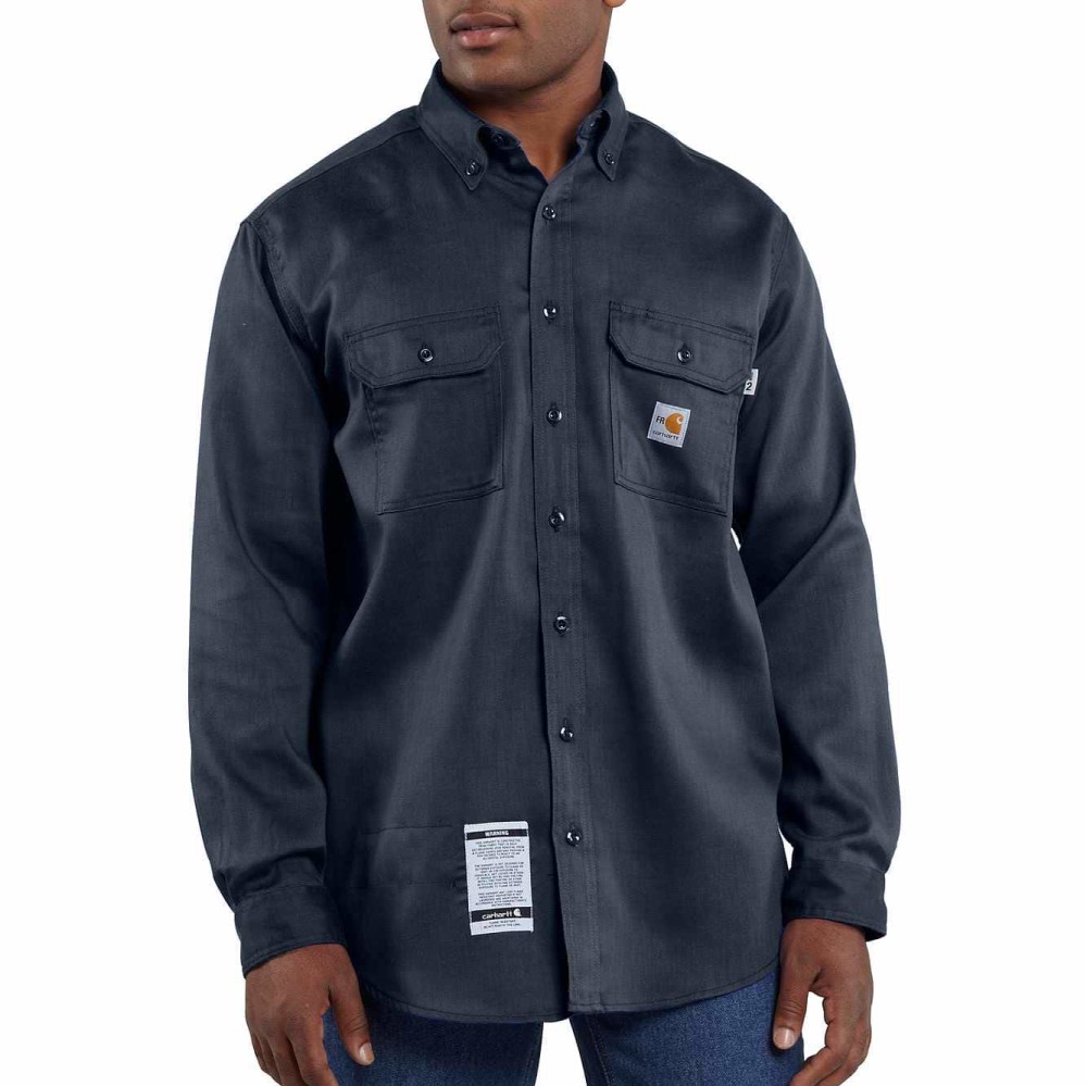 Carhartt Men’s FR Lightweight L/Tall Dark Navy Twill Shirt - Flockneti