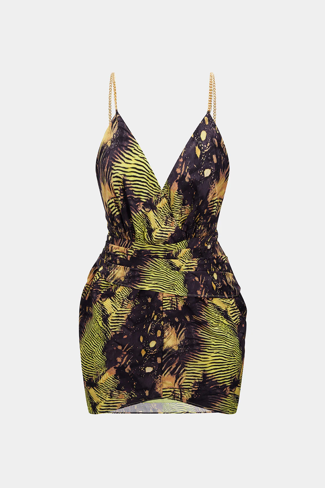 Plus Size Tropical Print Metallic Chain Asymmetrical Ruched Sleeveless Mini Dress - Flockneti
