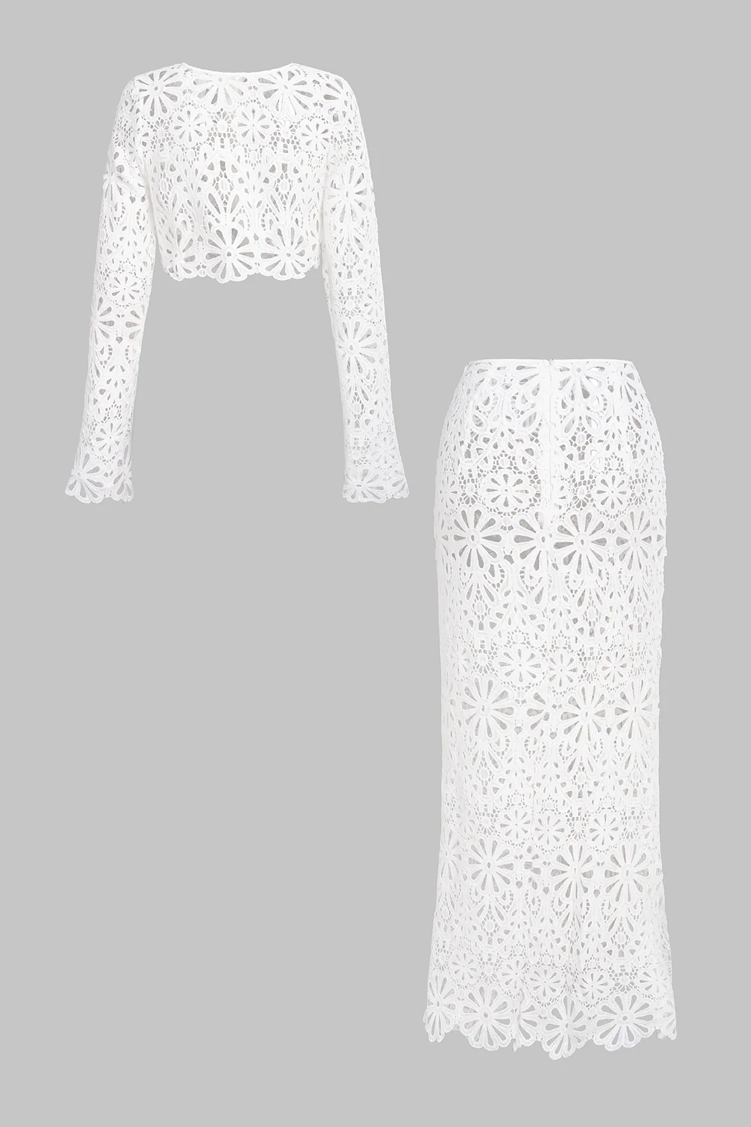 Lace Round Neck Hollow Out Long Sleeve Top And Skirt Set - Flockneti