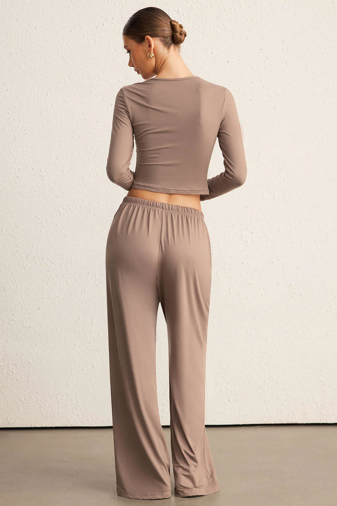 Square Neck Long Sleeve Top And Wide Leg Pants Set - Flockneti