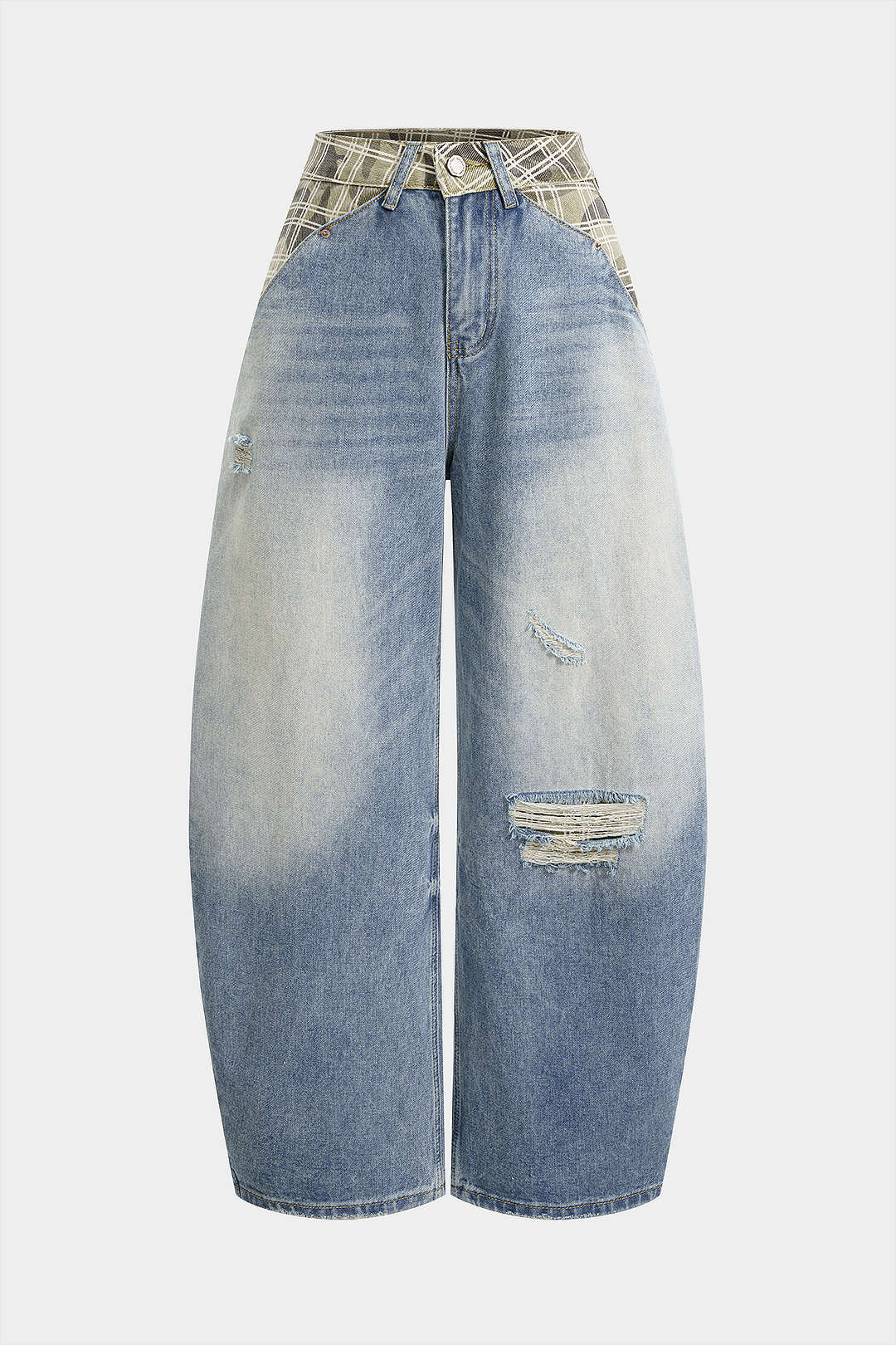 Denim Plaid Print Ripped Wide Leg Jeans - Flockneti