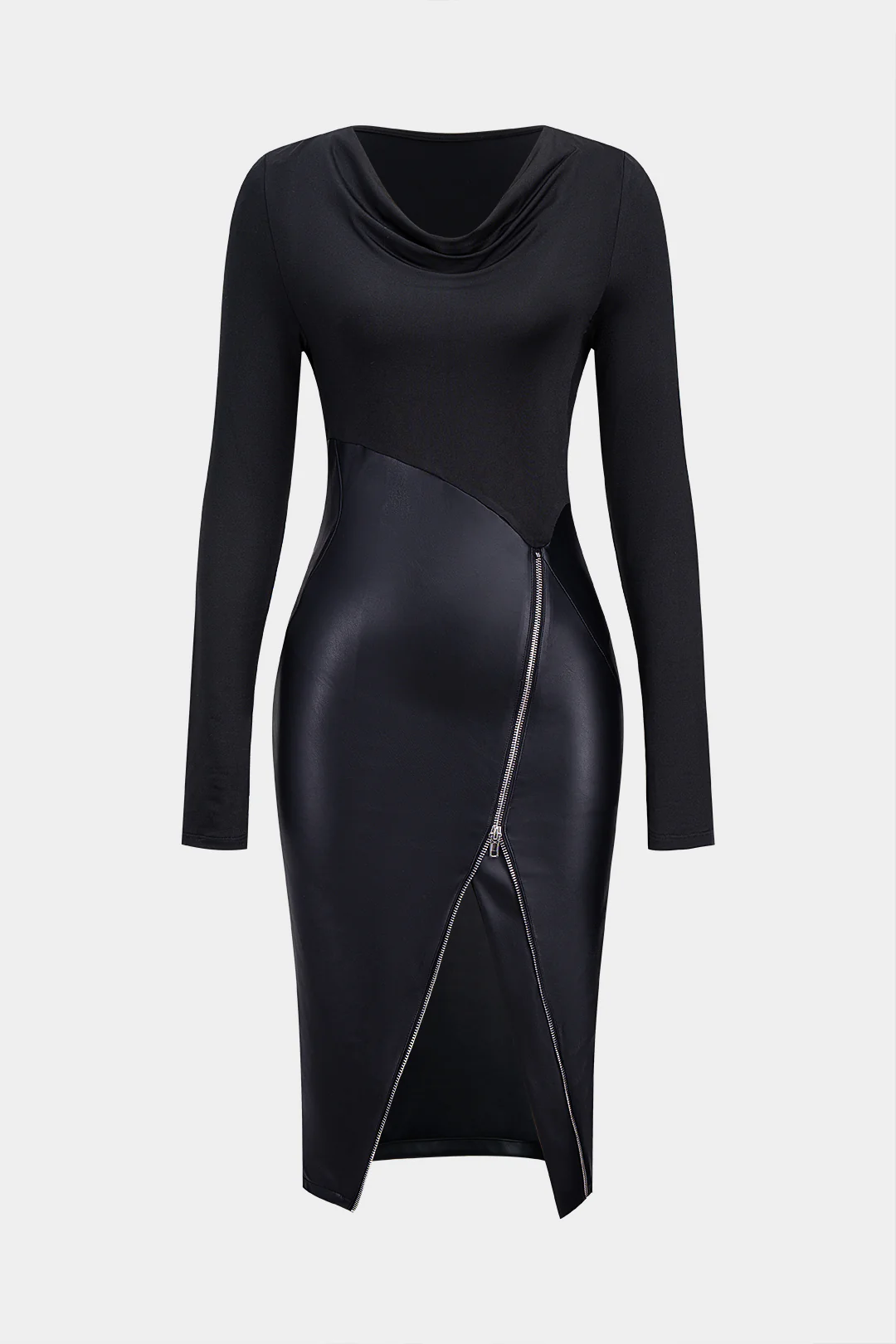 Faux Leather Cowl Neck Zipper Ruched Asymmetrical Long Sleeve Midi Dress - Flockneti