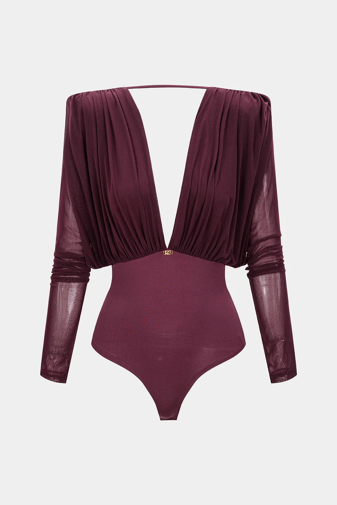 Mesh Ruched V-Neck Long Sleeve Bodysuit - Flockneti