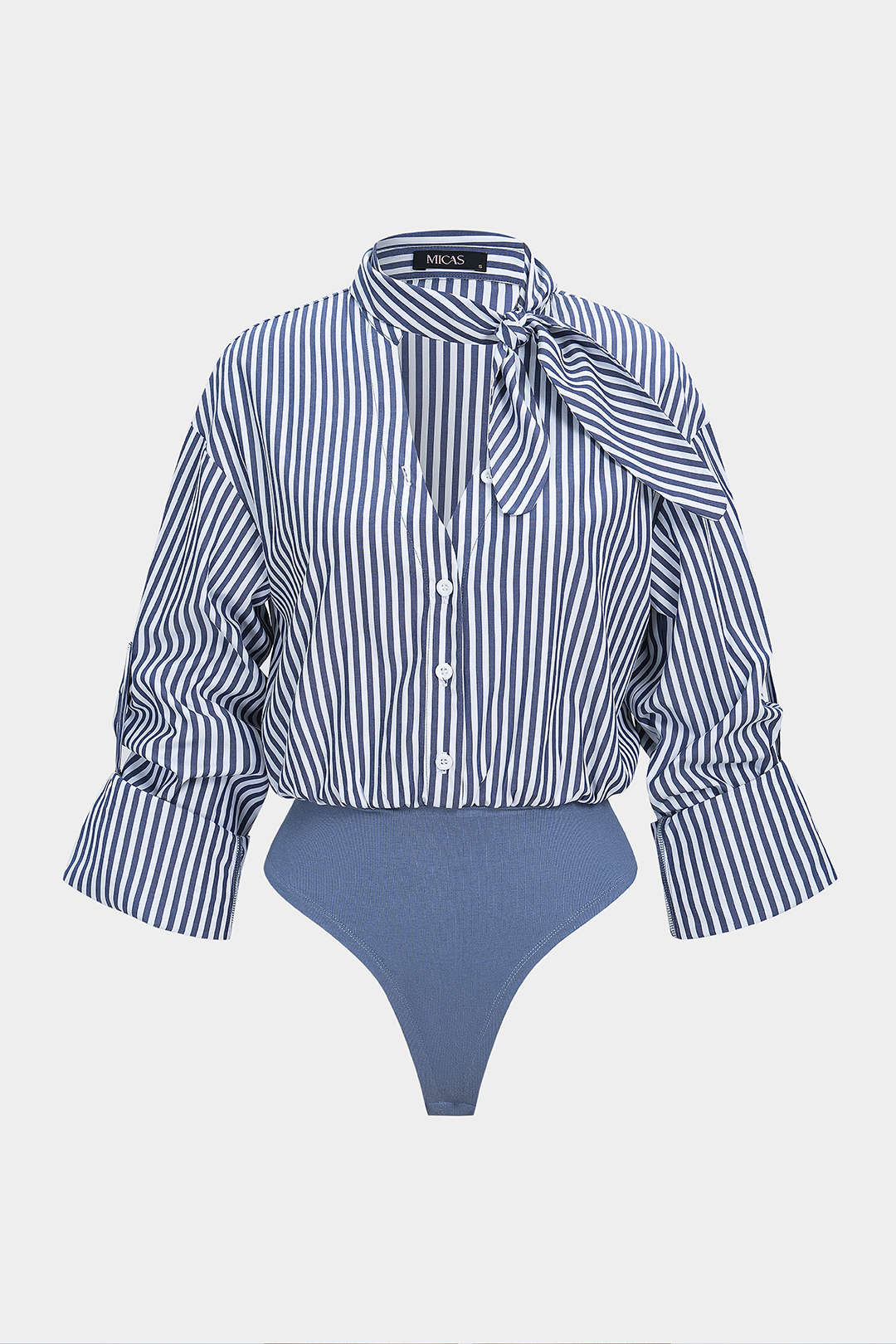 Stripes Print Button Patchwork Knotted Long Sleeve Bodysuit - Flockneti