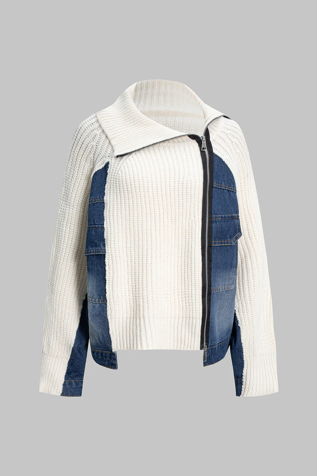Knit Denim Patchwork Asymmetrical Zipper Long-Sleeve Top - Flockneti