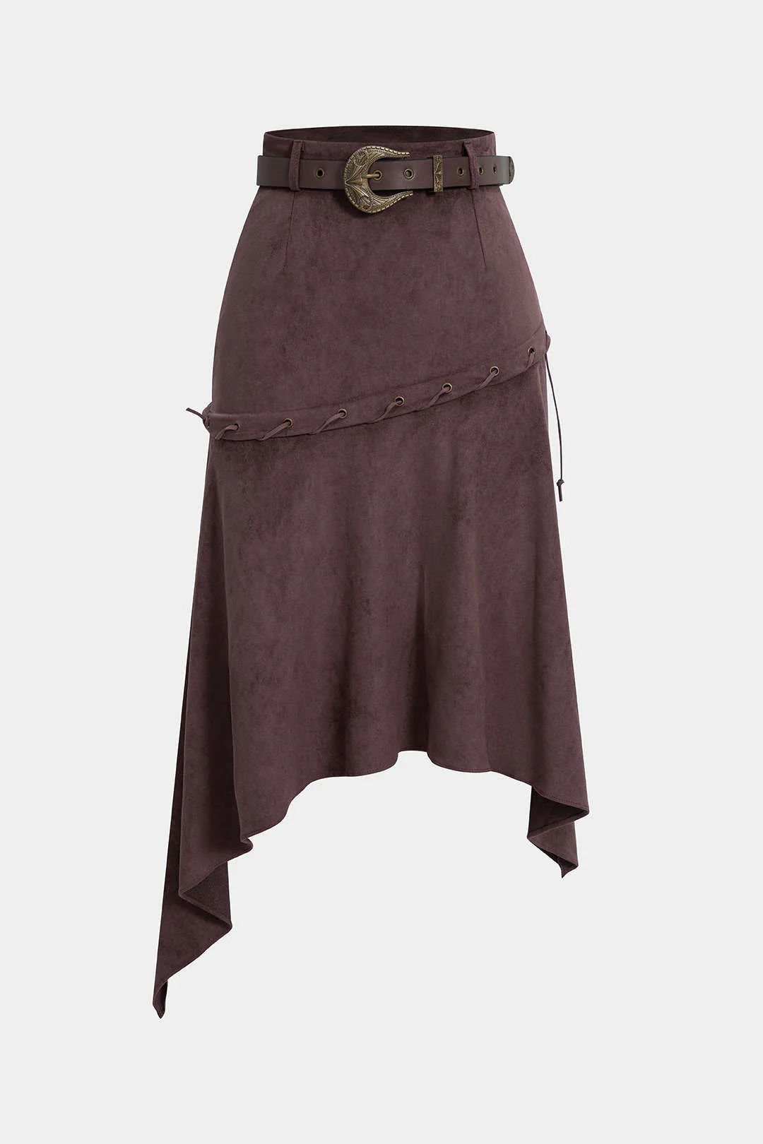 Suede Belted Irregular Hem High Waist Skirt - Flockneti