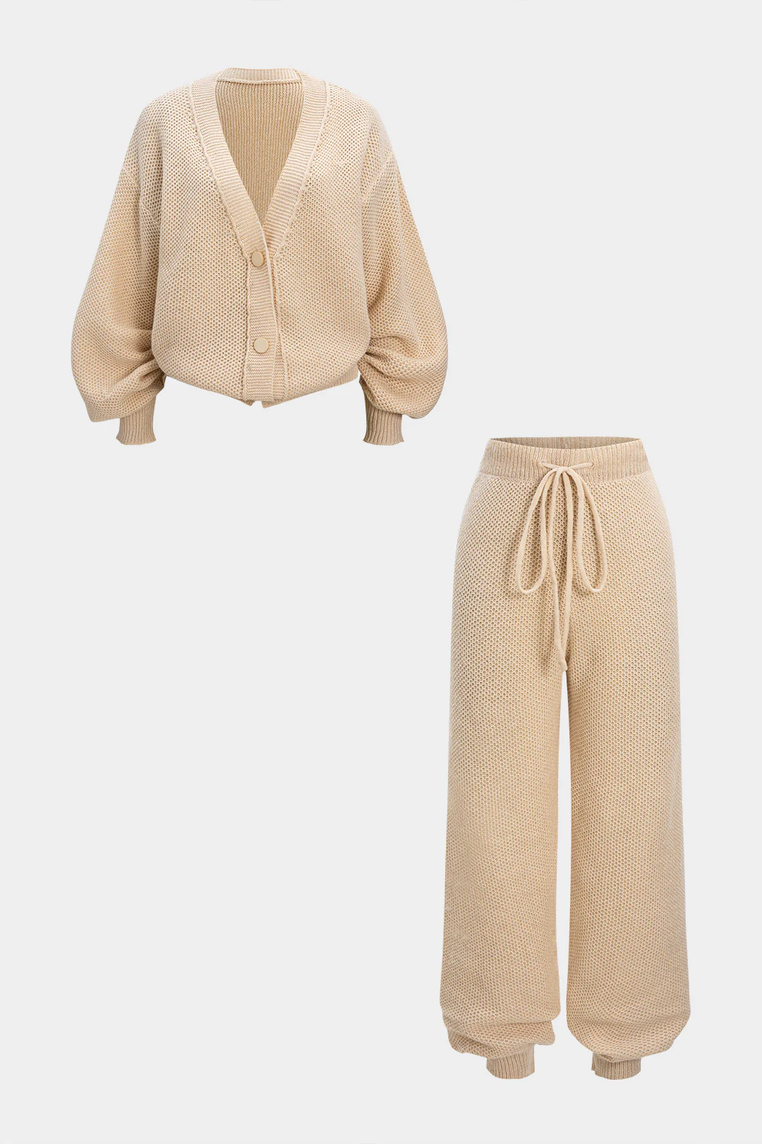 Button V-Neck Sweater Cardigan And Tie-Up Lantern Pants Set - Flockneti