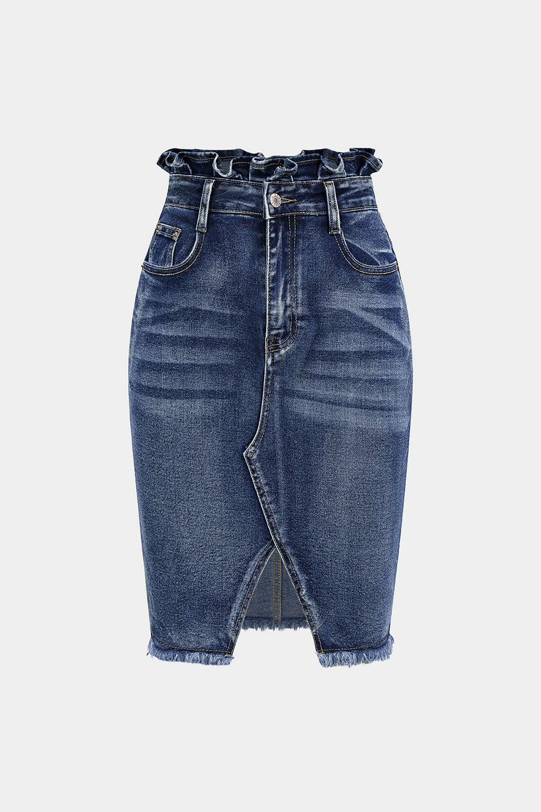 Denim Ruffle Asymmetrical Frayed Skirt - Flockneti