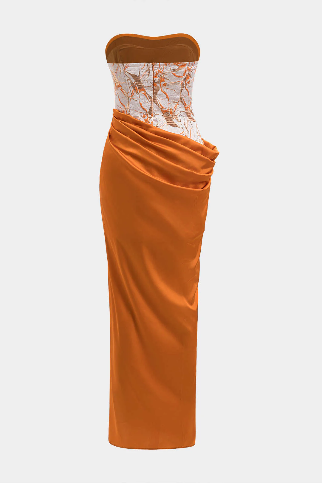 Satin Jacquard Patchwork Ruched Strapless Sleeveless Maxi Dress - Flockneti