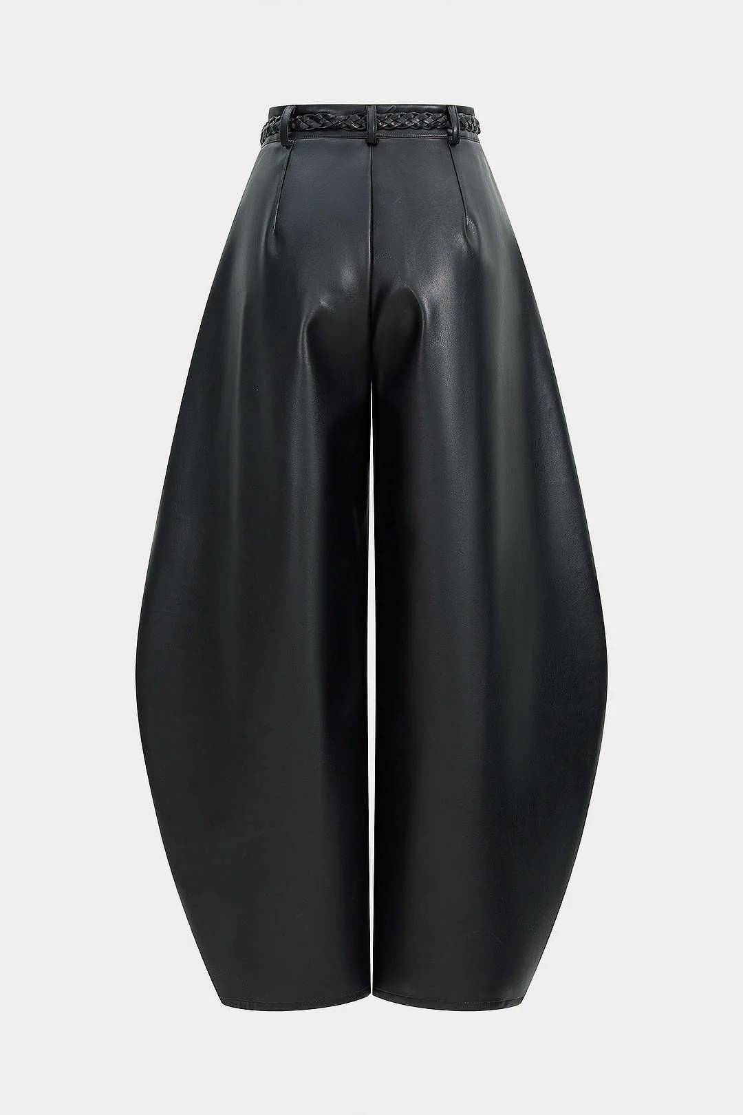Faux Leather Braided Belted High Waist Barrel Trousers - Flockneti