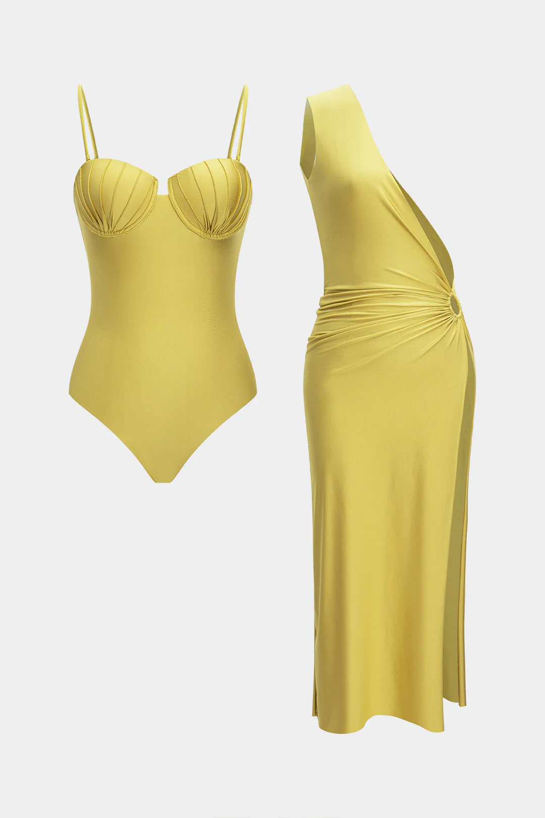 Solid One Shoulder Asymmetrical Ruched Cut Out Bikini Set - Flockneti
