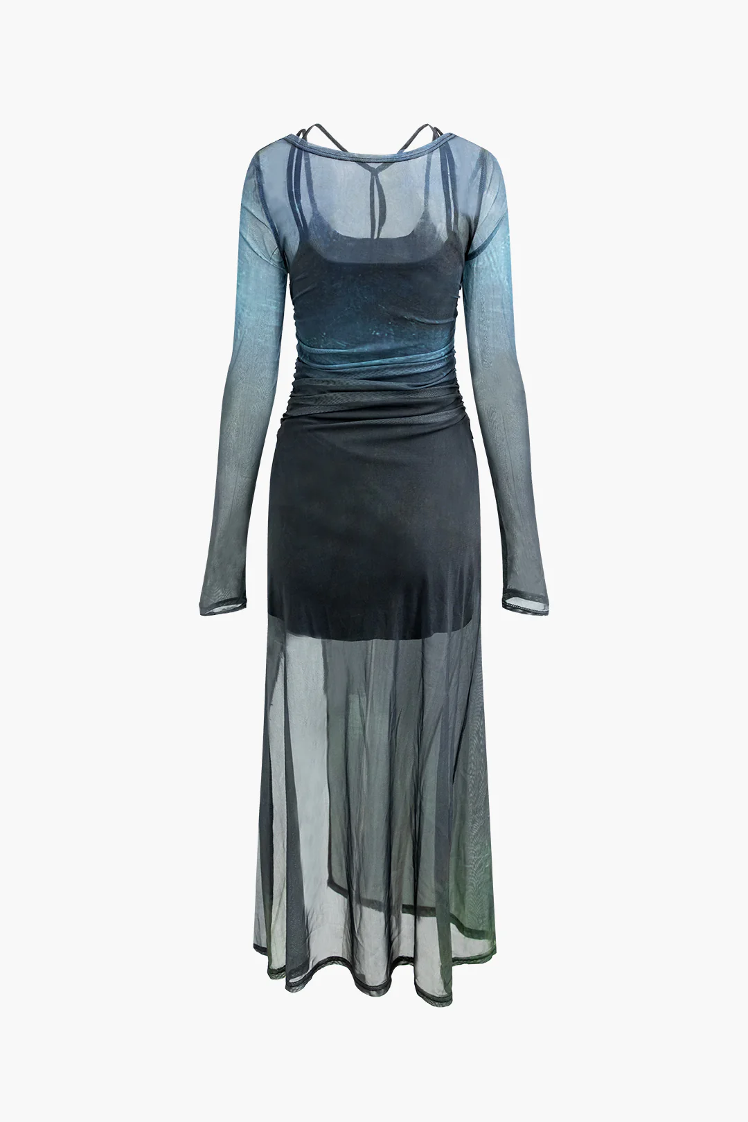 Mesh Contrast Print Asymmetrical Ruched Slit Long Sleeve Midi Dress - Flockneti