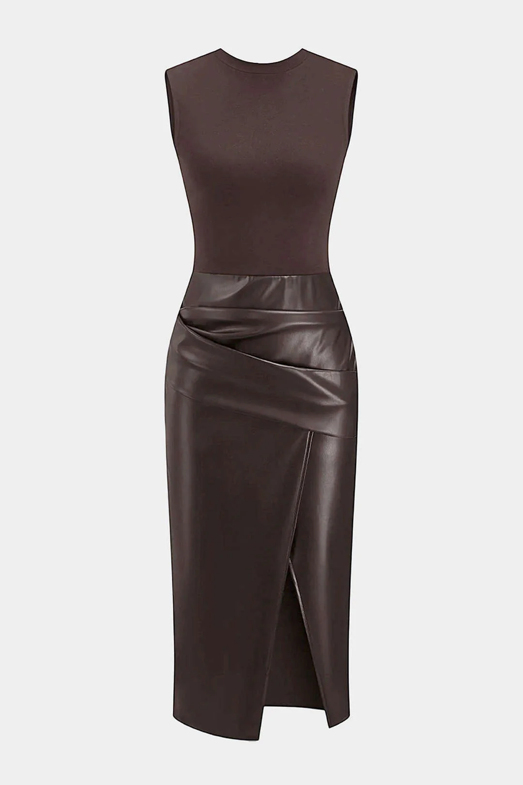 Faux Leather Patchwork Ruched Sleeveless Midi Dress - Flockneti