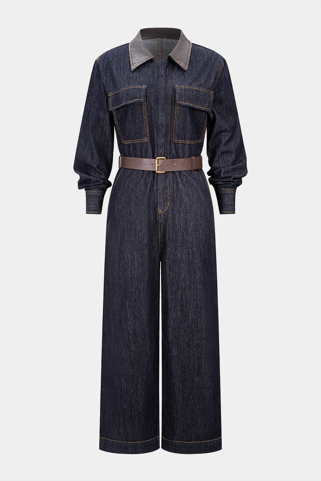 Denim Faux Leather Patchwork Belted Long-Sleeve Jumpsuit - Flockneti