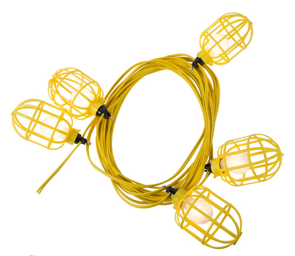 Bergen Industries 50 ft. 14/2 Flat Wire 5-Lamp Plastic Cage Temporary Light Stringer 10 ft. Centers Yellow - Flockneti