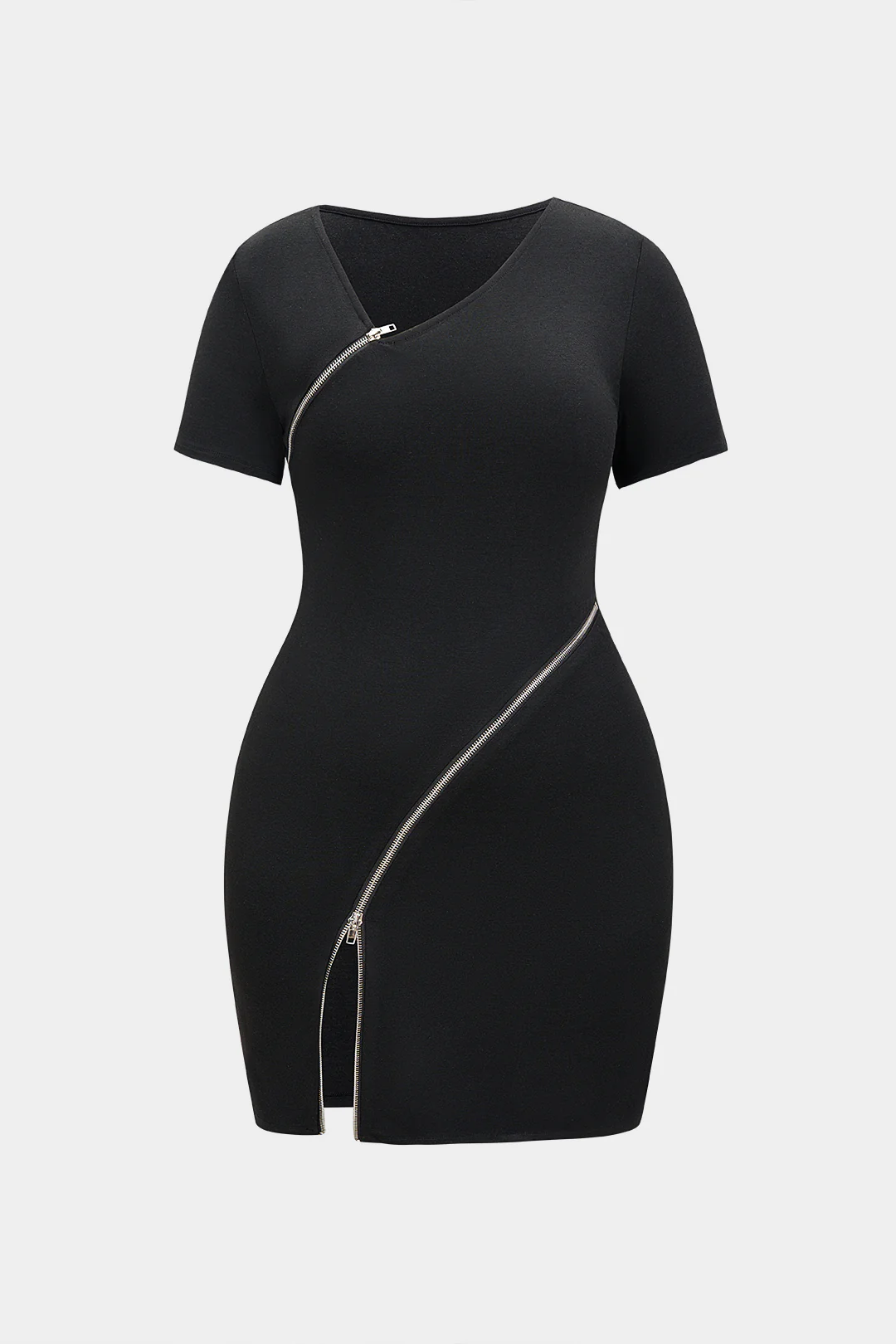 Plus Size Asymmetrical Zipper Short Sleeve Mini Dress - Flockneti