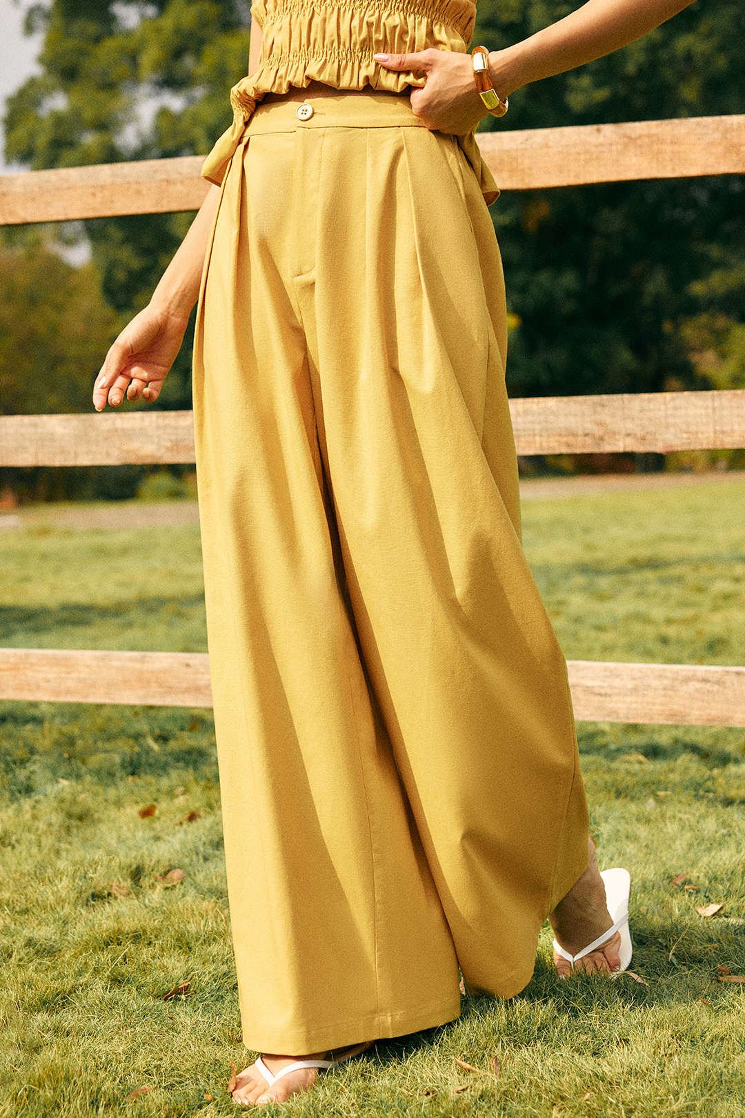 Linen Ruched Shirred Waistband High Waist Wide Leg Pants - Flockneti