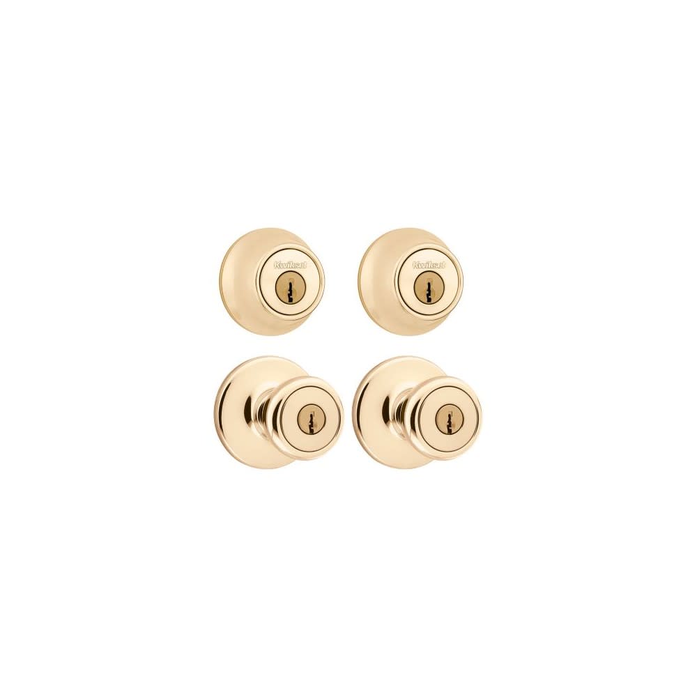 Kwikset Polished Brass Tylo Knob Entry Lockset & Single Cylinder Deadbolt - Flockneti