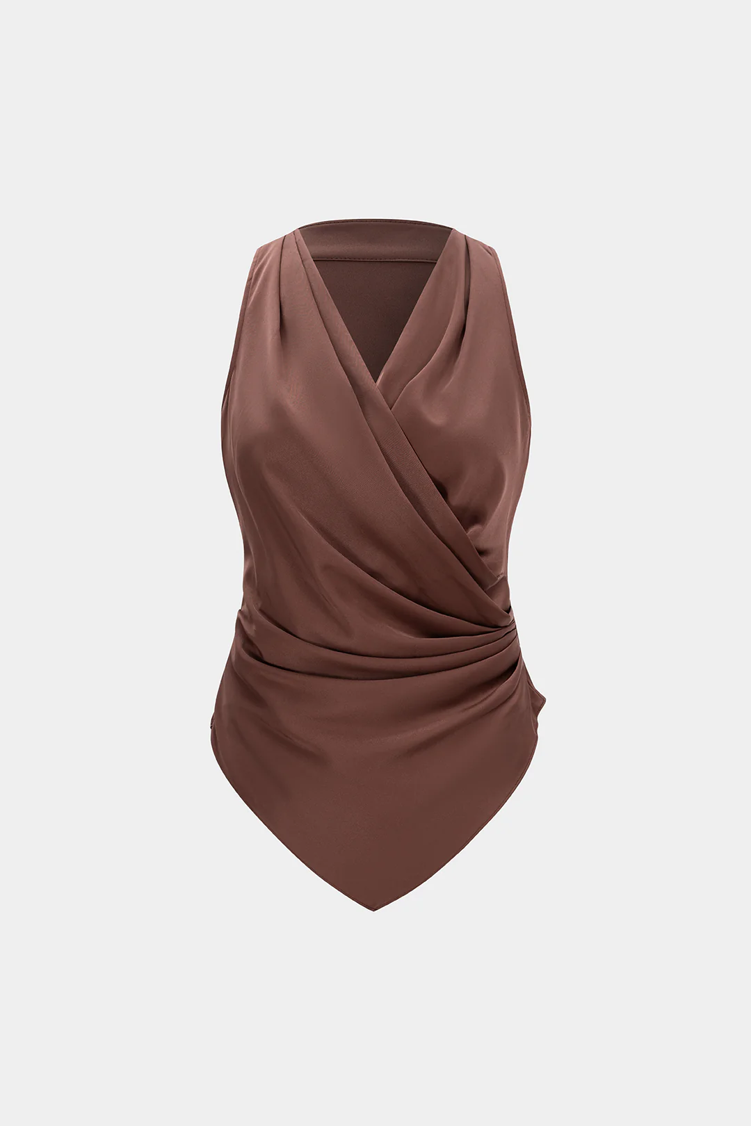 Satin Crossed V-Neck Asymmetrical Ruched Tank Top - Flockneti