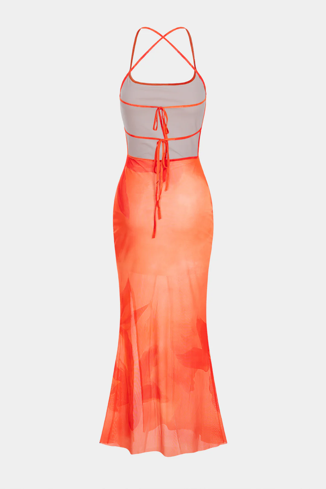 Floral Print Mesh Crossed Tie-Up Backless Slip Sleeveless Maxi Dress - Flockneti
