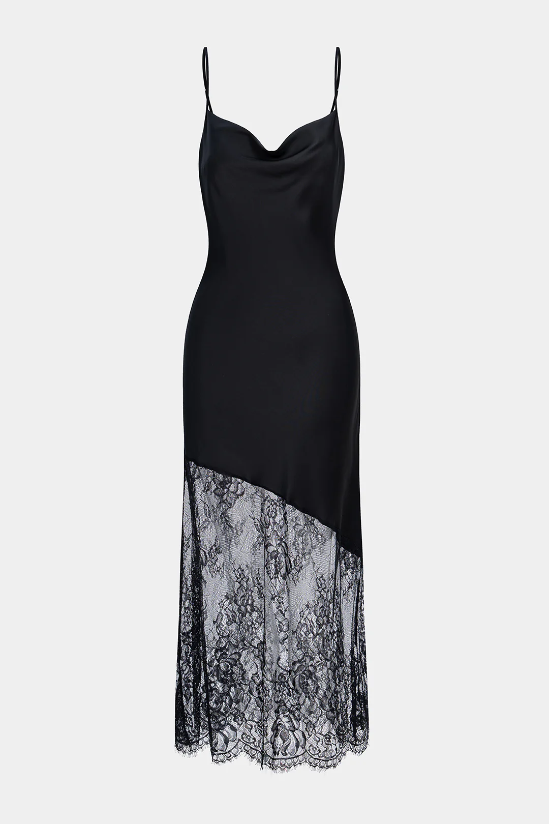 Satin Patchwork Lace Draped Cowl Neck Asymmetrical Sleeveless Slip Midi Dress - Flockneti