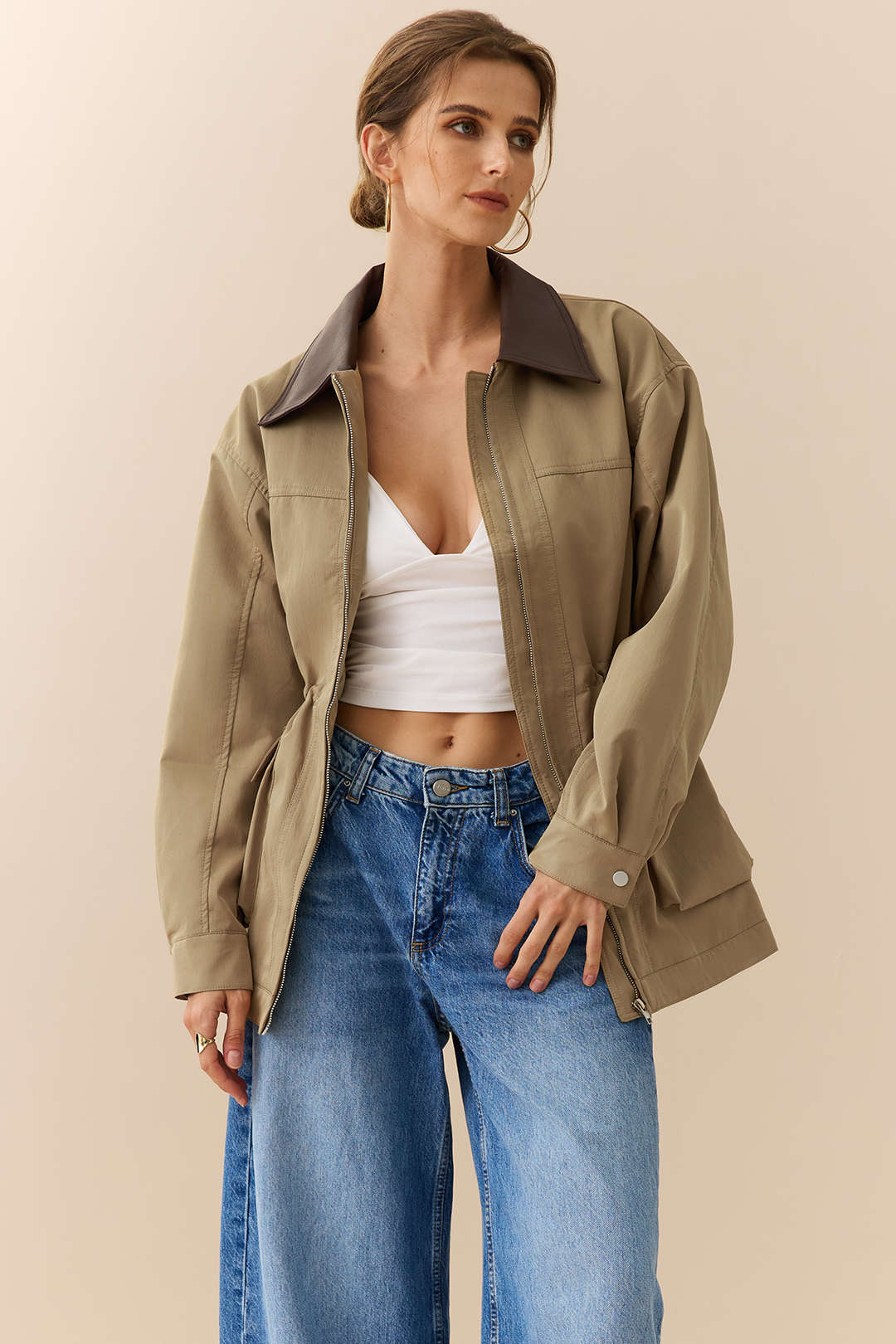Faux Leather Patchwork Pocket Zipper Jacket - Flockneti