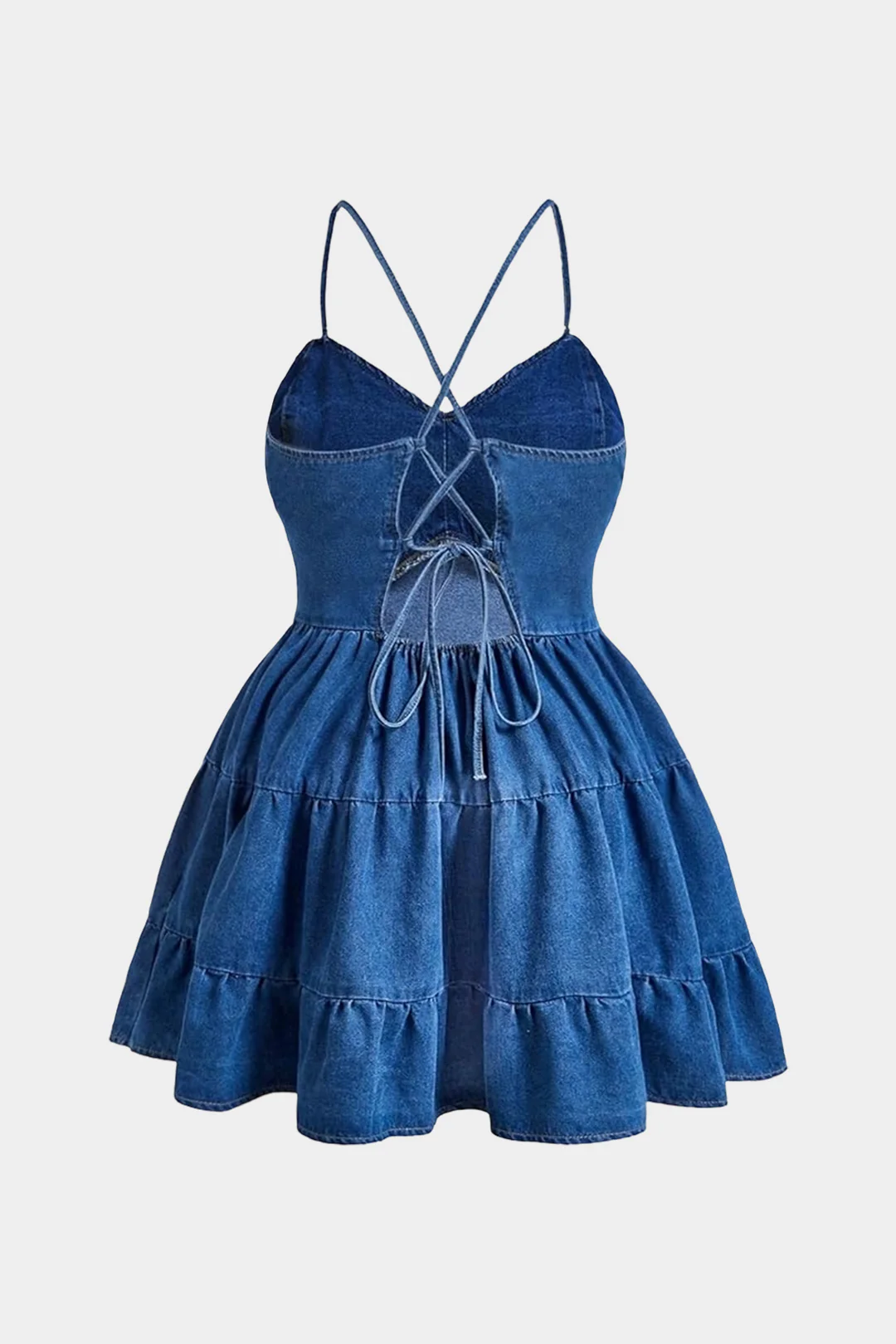Plus Size Denim Crossed Blackless Ruched Sleeveless Dress - Flockneti