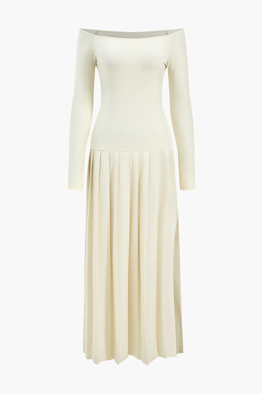 Pleated Off Shoulder Patchwork Side Slit Long Sleeve Maxi Dress - Flockneti