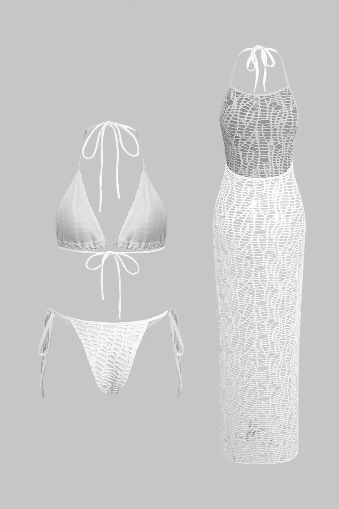 Textured Halter Neck Bikini And Open Knit Cover Up Set - Flockneti