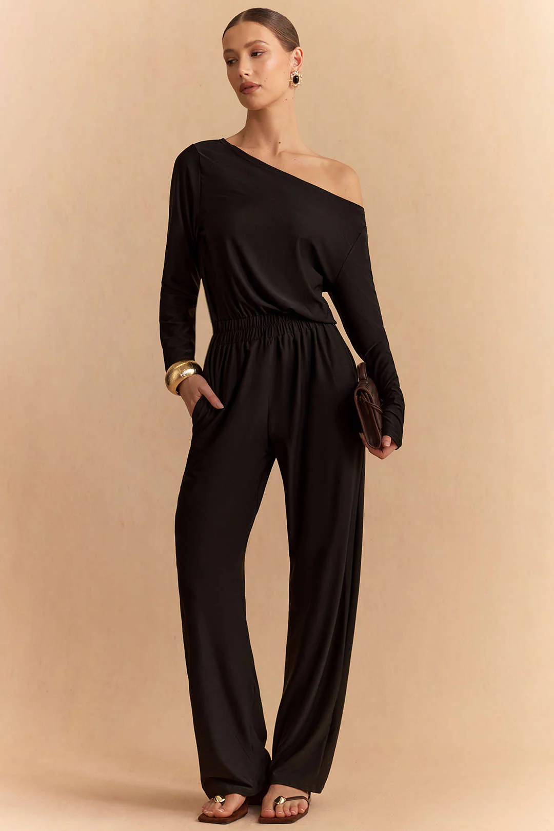 Solid One Shoulder Long Sleeve Jumpsuit - Flockneti