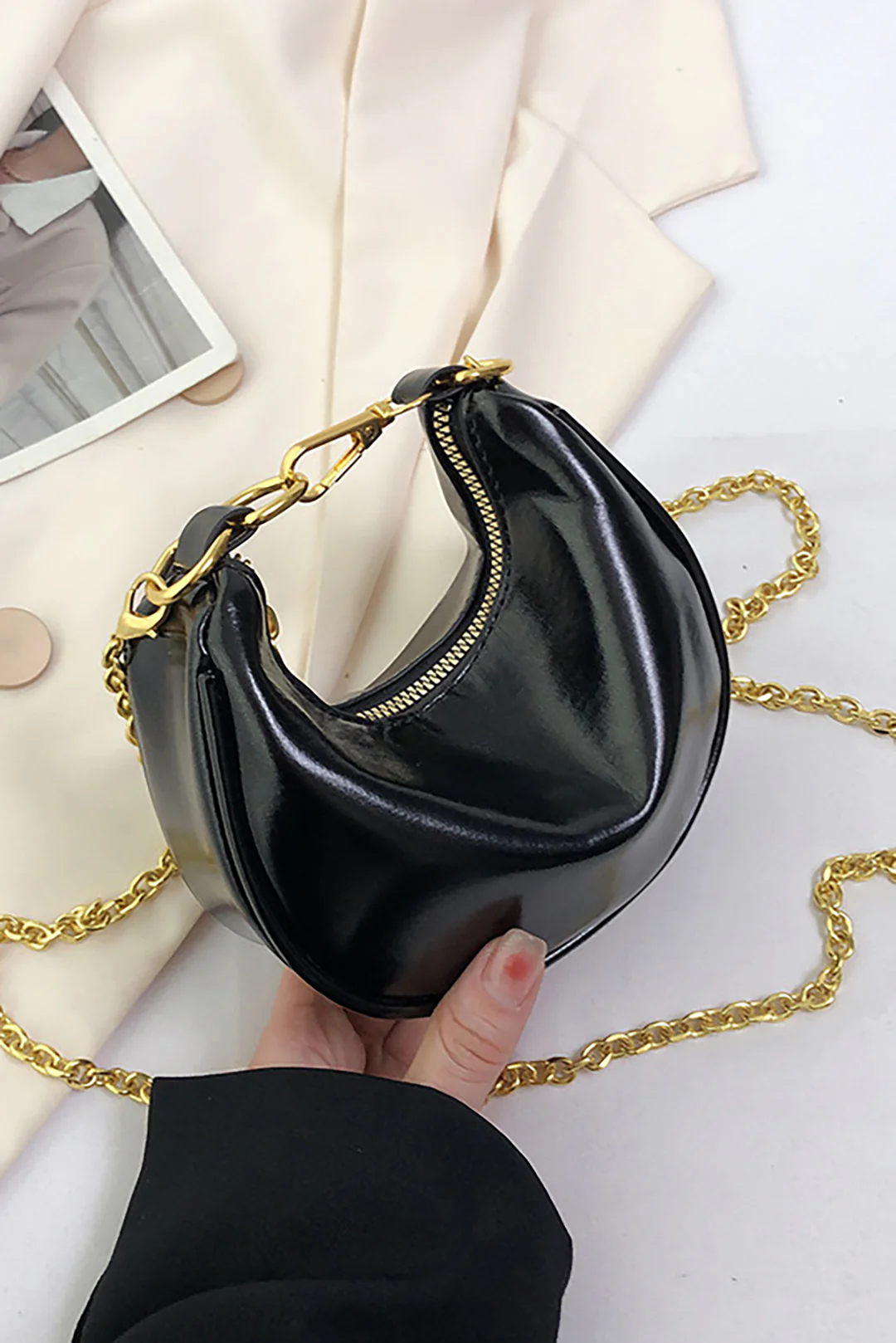 Faux Leather Chain Zipper Tote Bag - Flockneti
