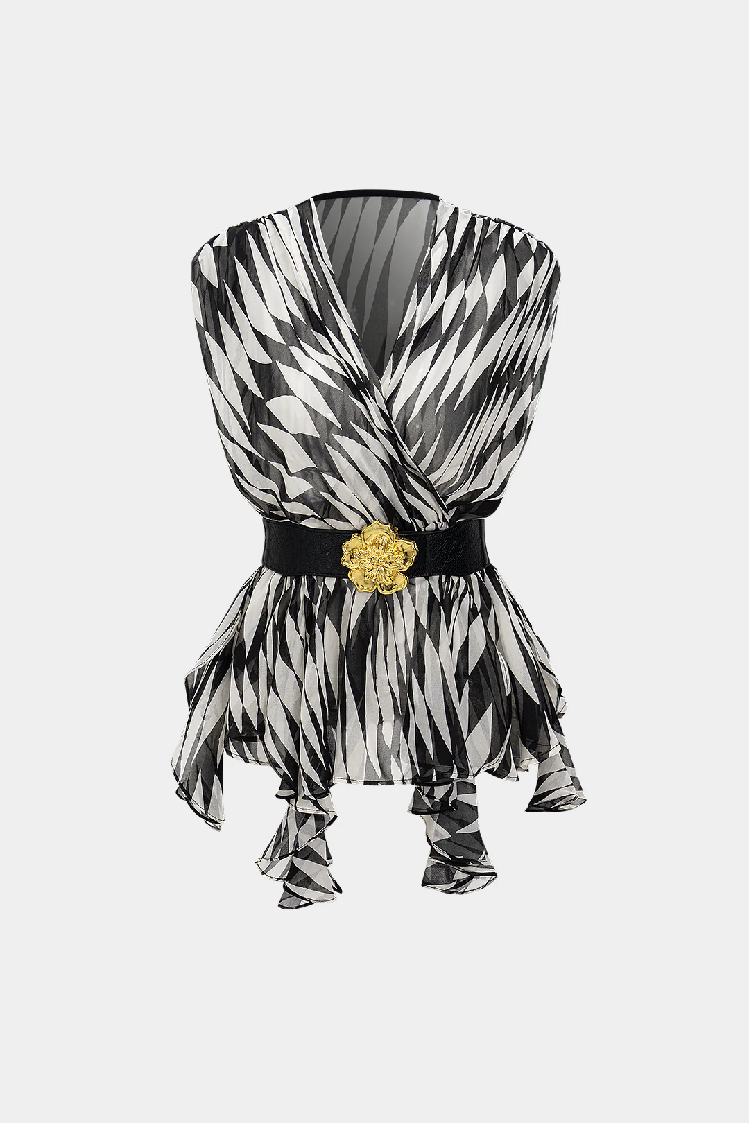 Zebra Stripe Print V-Neck Belted Short-Sleeve Shirt - Flockneti