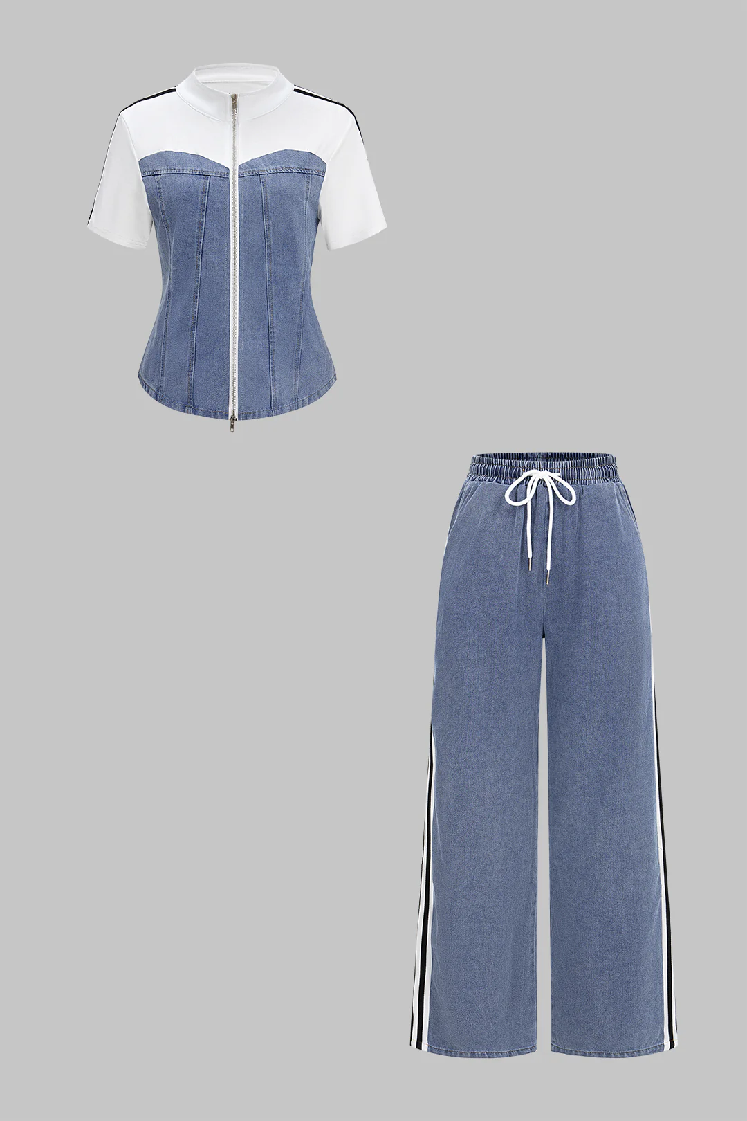 Denim Patchwork Mock Neck Zipper Short Sleeve Top And Drawstring Shirred Waistband Jeans Set - Flockneti
