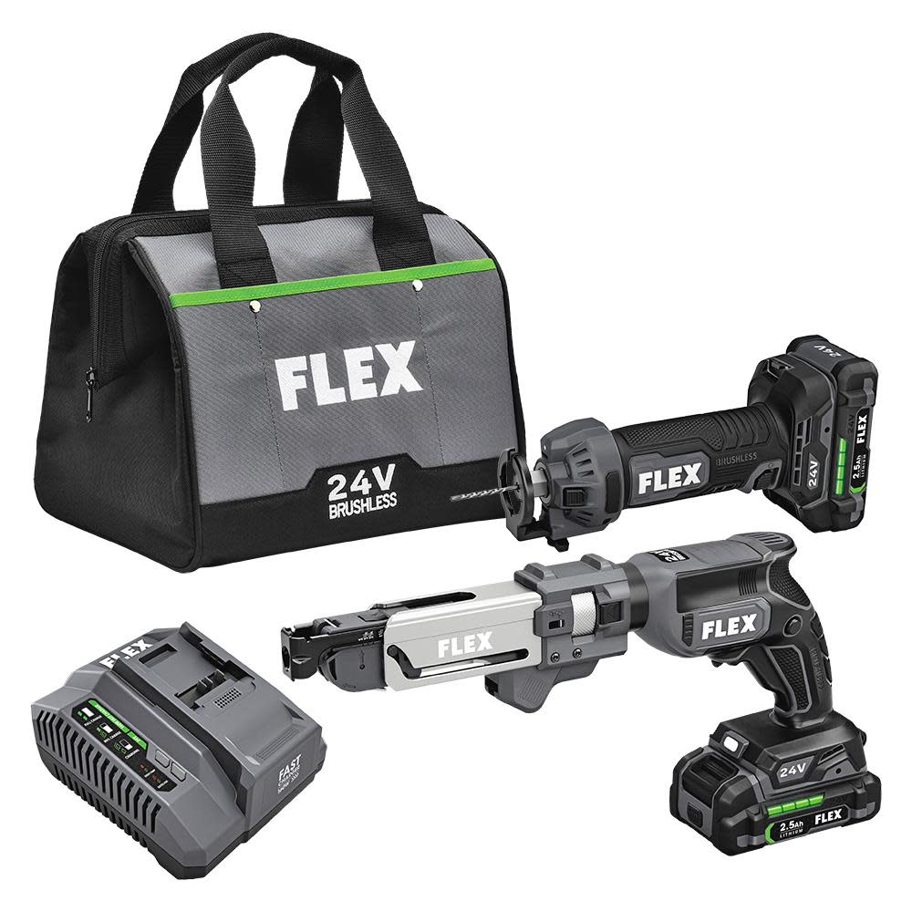 FLEX 24V Drywall Screw Gun With Magazine Attachment and Cut Out Tool Kit - Flockneti