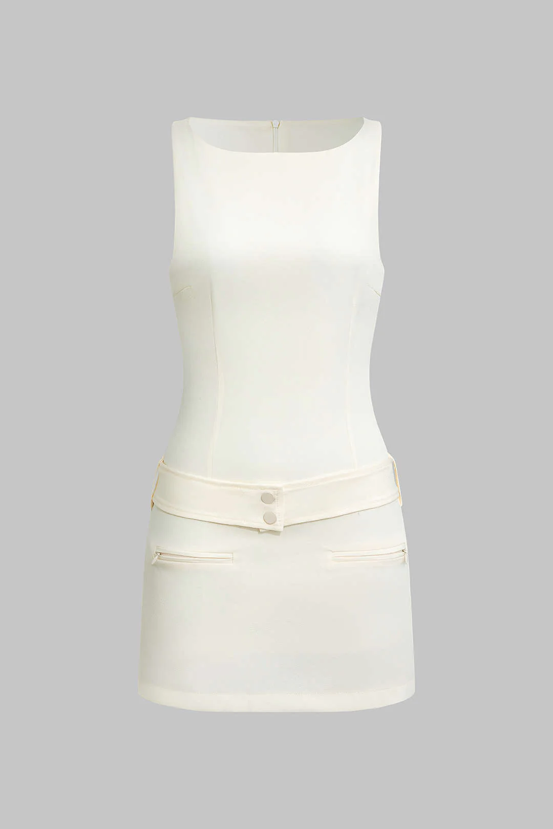 Solid Belted Pocket Zipper Sleeveless Mini Dress - Flockneti