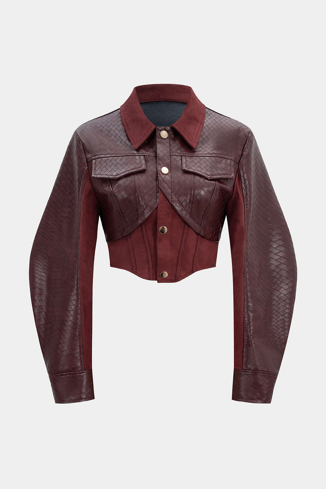 Woven Pattern Faux Leather Patchwork Cropped Jacket - Flockneti