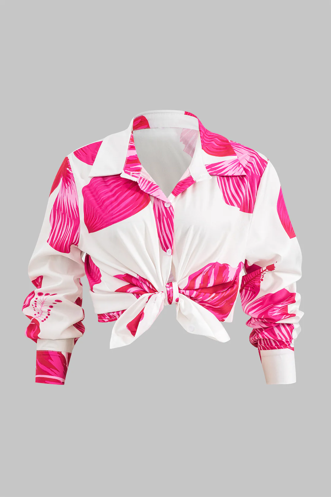 Plus Size Floral Print Button Knot Long Sleeve Shirt And High Waist Trousers Set - Flockneti