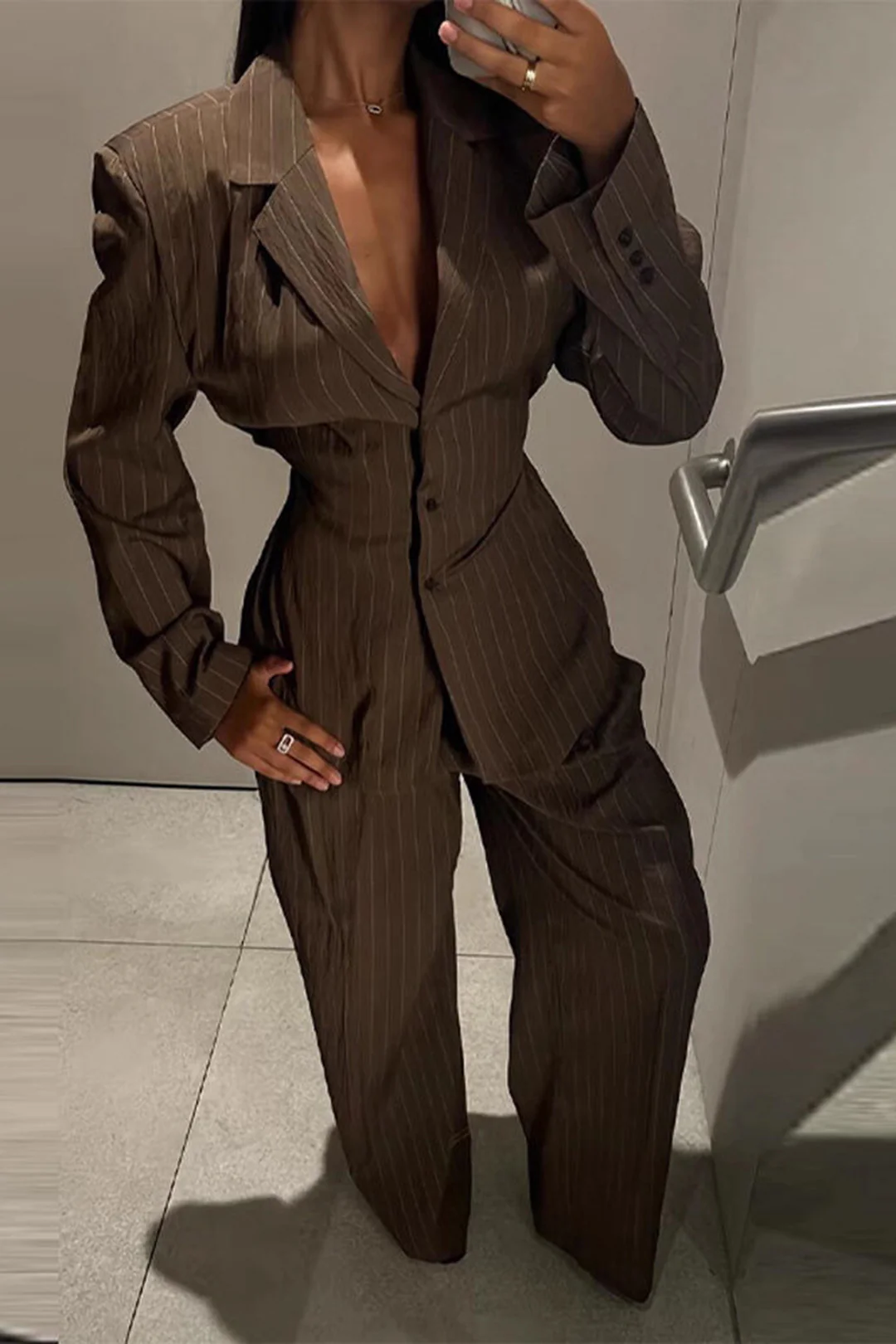Stripes Print Notched Lapel Belted Blazer And Straight Leg Pants Set - Flockneti